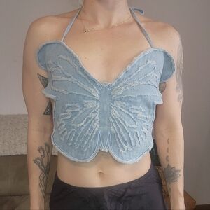 Womens Denim Butterfly Backless Top Size Large